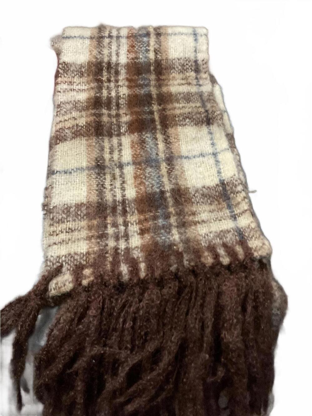 Cozy Brown and Cream Plaid Wool Loose Knit Scarf with Fringe